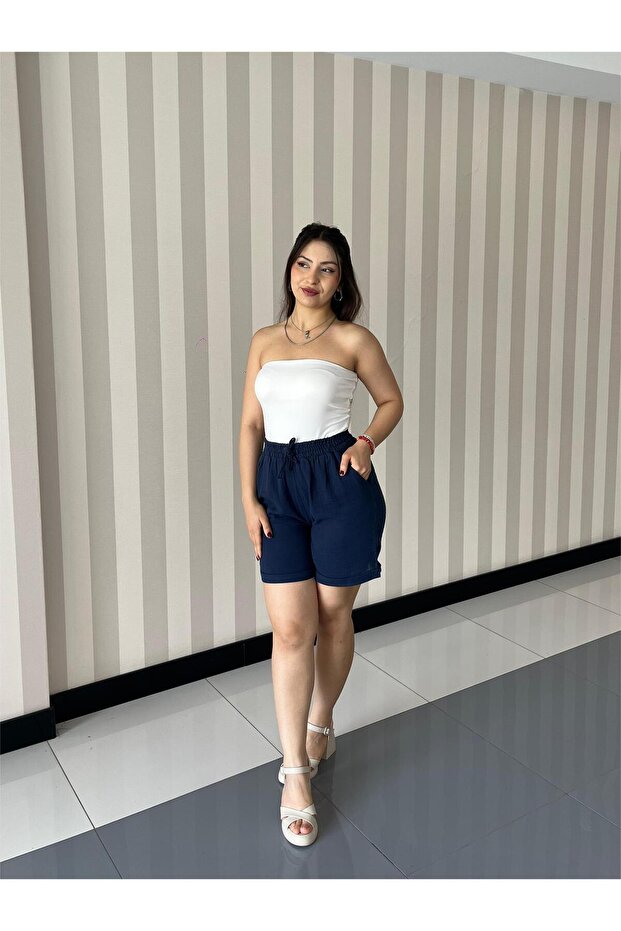 Kadın Lacivert Beli Lastikli Bağcıklı Müslin Şort - 3