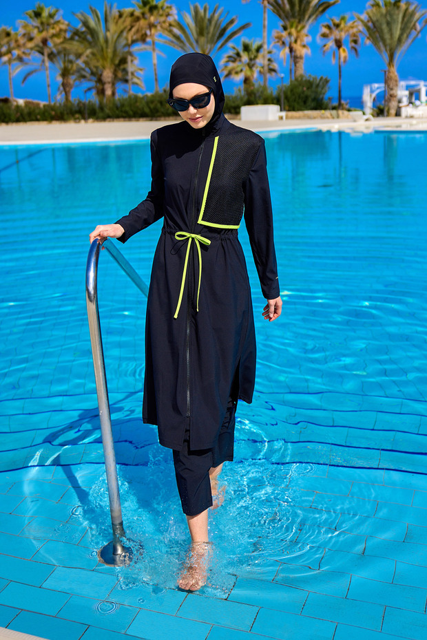 Black Full Covered Hijab Swimsuit with Tulle Detail, Gathered Front Panel M2506-1