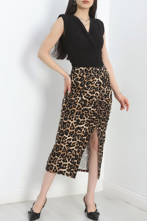 Women's Leopard Patterned, Drawstring-Front Adjustable Lift, Viscose Pencil Skirt