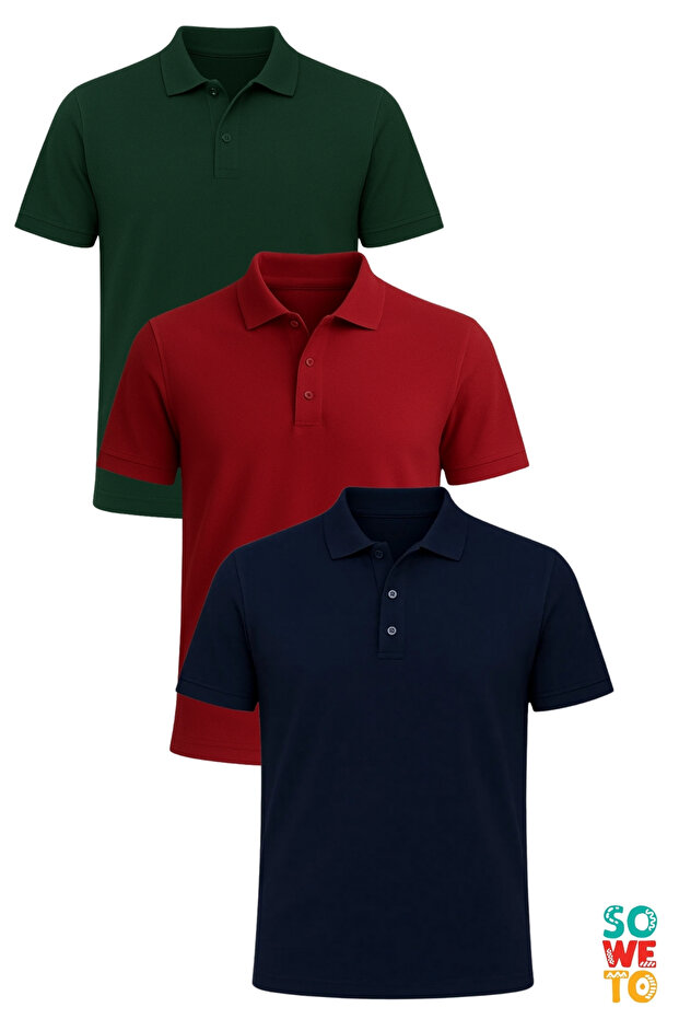 Men's Buttoned Short Sleeve Regular Fit 100% Cotton Polo Neck 3-Piece Basic T-Shirt