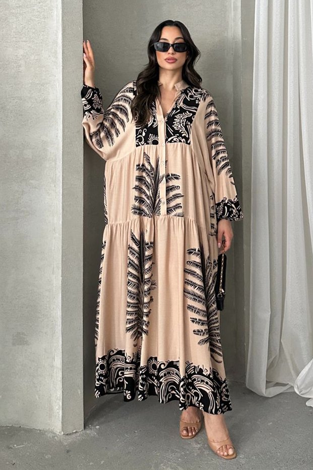 Women's Beige Button Detailed Placket Collar Ethnic Patterned Balloon Sleeve Loose Long Dress