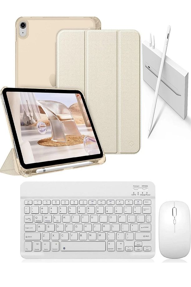 Apple iPad 10.NESİL 10.9 ve 11. NESİL A16 Uyumlu Flip Kılıf Gold+ Bluetoothlu Klavye Mouse + Kalem - 1