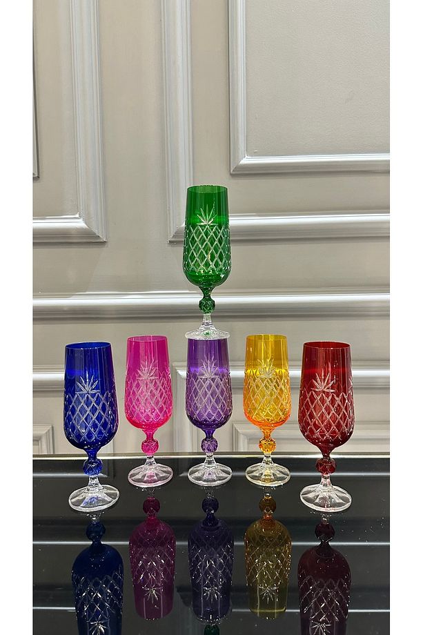 Bohemia Kristal Renkli El İşi Ayaklı Ananas Model Kahve Yanı Su Bardağı - 3