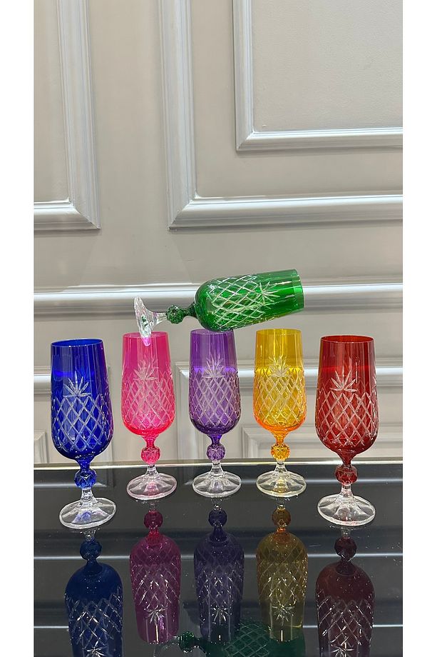 Bohemia Kristal Renkli El İşi Ayaklı Ananas Model Kahve Yanı Su Bardağı - 1