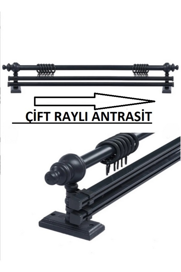Antrasit Çift Raylı Ahşap Rustik Perde Askısı Rustik Borusu 175 Cm - 1