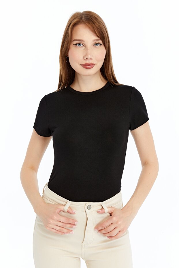 Women's Black Round Neck Short Sleeve Viscose Blouse