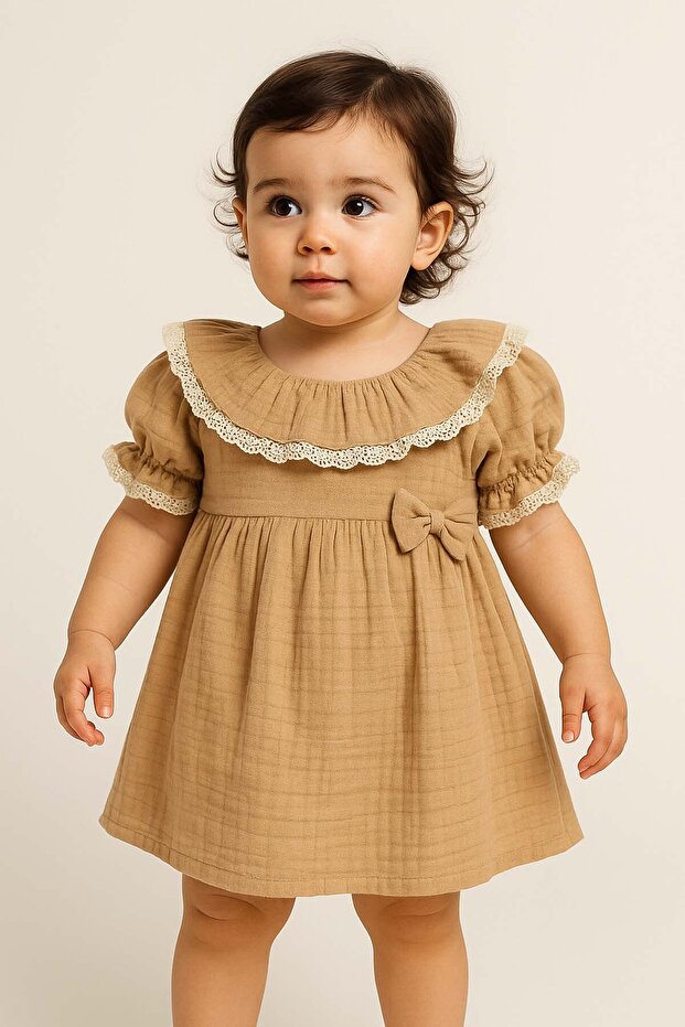 Kız Bebek Elbise Tek Parça Yazlık %100 Pamuk Müslin Kumaş Dantelli Çiçek Desenli Elbise - 1