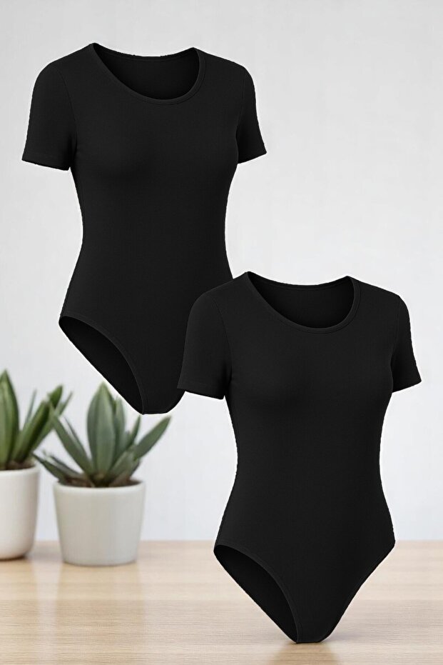 Women's Cotton Stretch Fabric Combed Cotton Short Sleeve Crew Neck Black 2-Piece Hooked Bodysuit