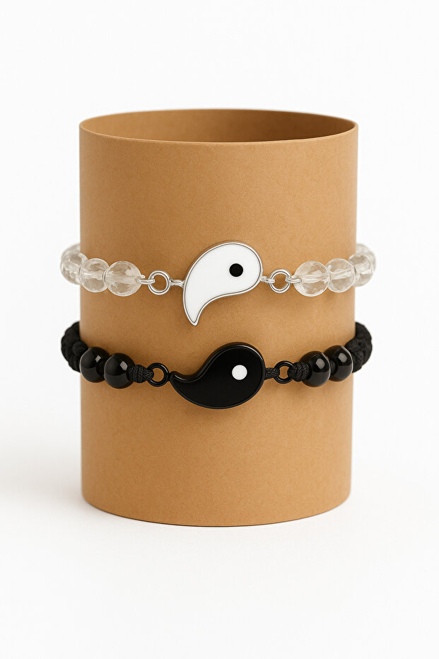 Set of 2 Friend & Lover Bracelets – Black & White Half Yin Yang