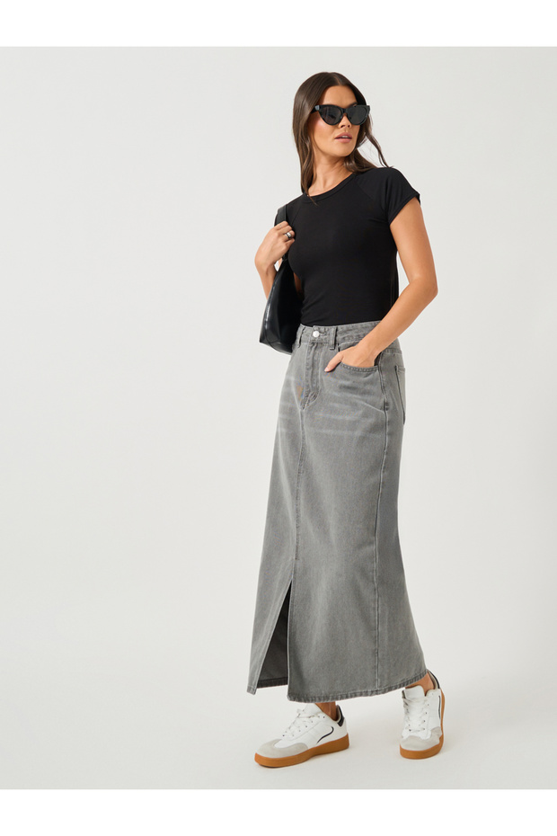 Whiskered Denim A-Line Midi Skirt with Front Slit