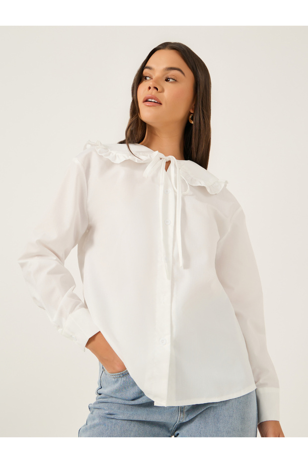 Solid Peter Pan Collar Button Front Blouse with Tie Detail - 3