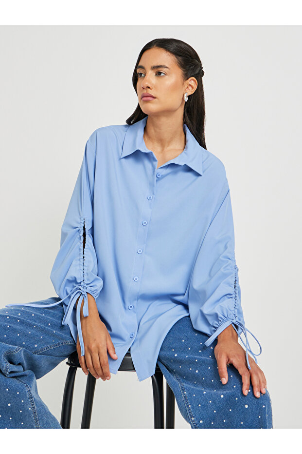 Solid Drawstring Sleeve Cuffs Oversized Shirts - 2
