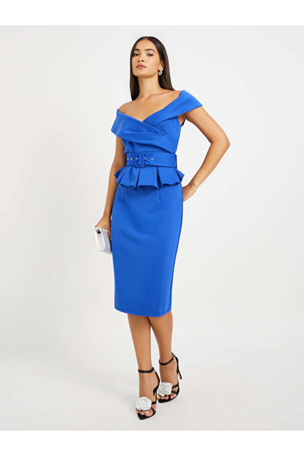 Ruffle Detail Short Sleeves Sheath Midi Dress