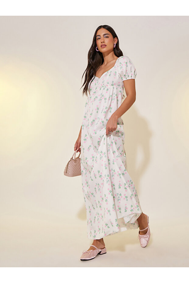 All-Over Floral Print Puff Sleeves A-Line Maxi Dress