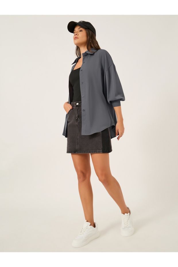 قميص كبير الحجم بياقة واسعة سادة - 2