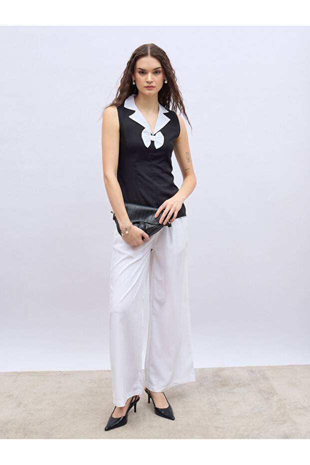 Contrast Notch Lapel Sleeveless Top with Bow Detail