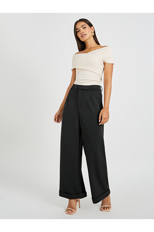 بنطلون محبوك واسع الساق مطوي - 1
