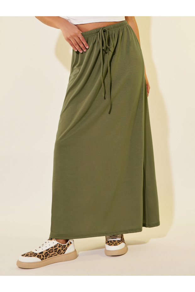 Solid A-Line Midi Skirts with Drawstring - 2