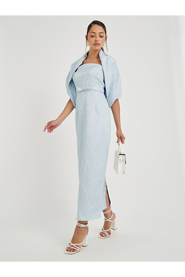 Jacquard Bardot Neck Sheath Maxi Dress with Cape Overlay