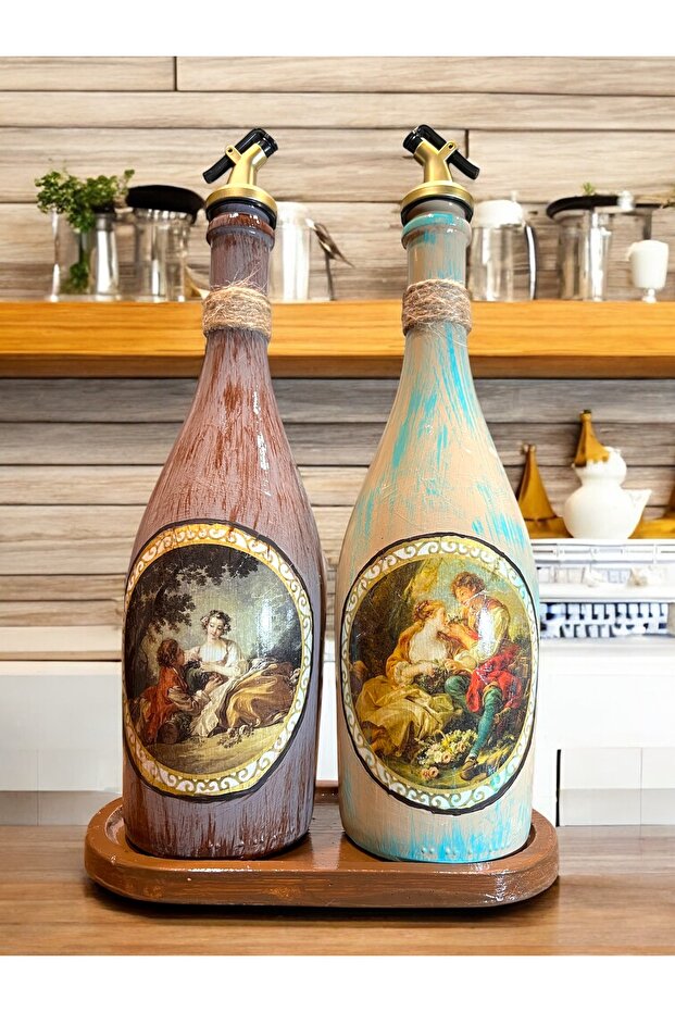 Special Design Vintage Patterned 2-Piece 750 ml Olive Oil Liquid Bottle Oil Pot with Presentation Stand