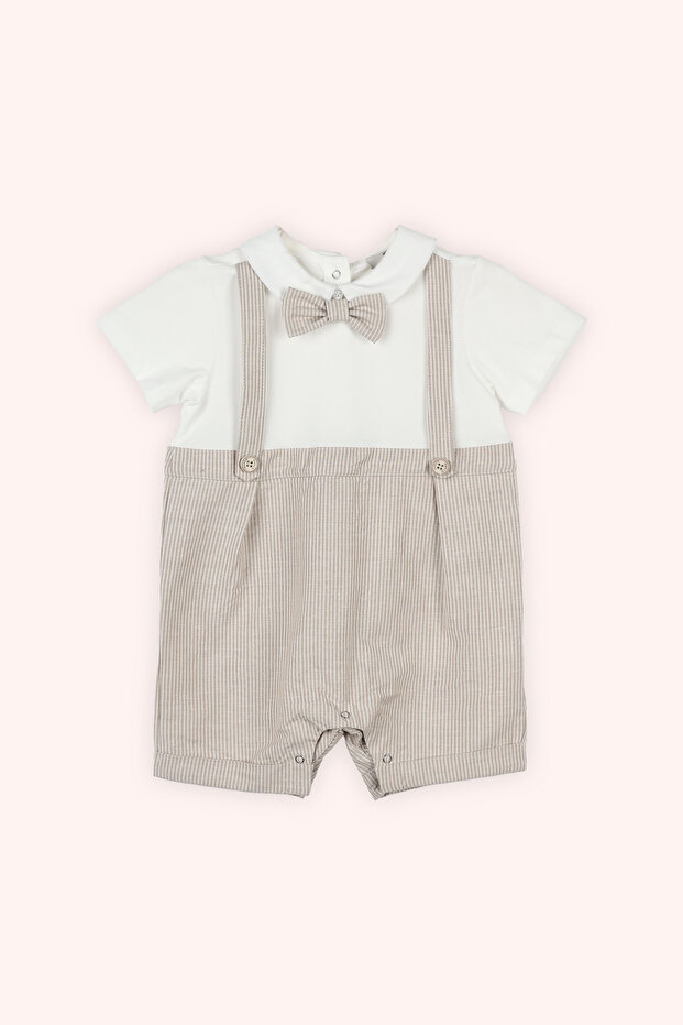 Newborn Beige Jumpsuit with Bow Tie and Stripe Pattern