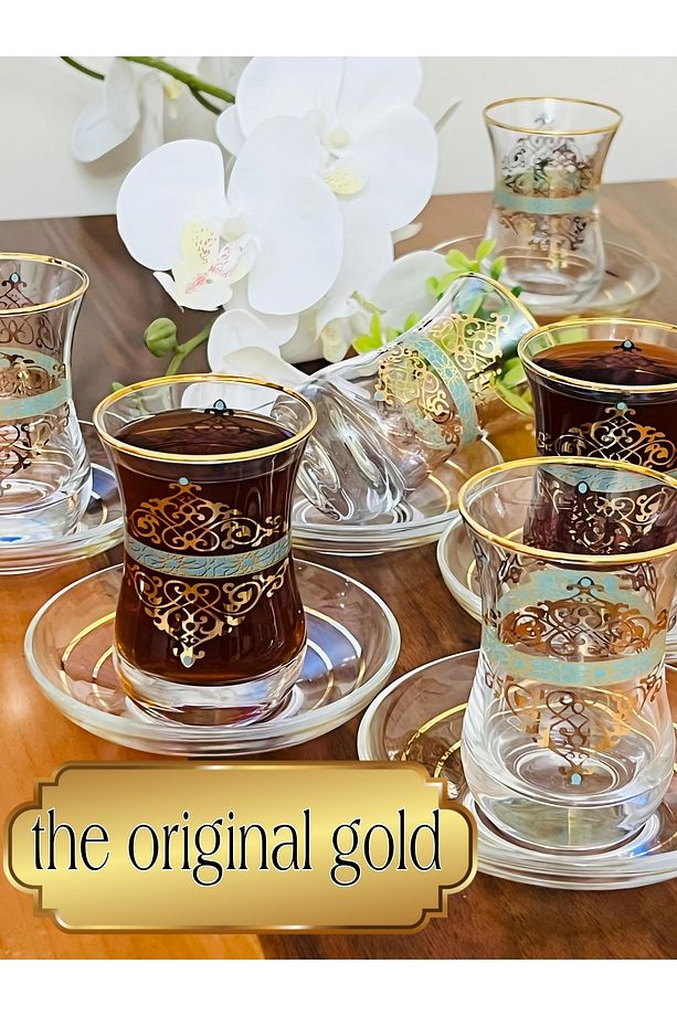 Orijinal Altın desenli yeşil model tasarım 6 kişilik Çay seti - 5