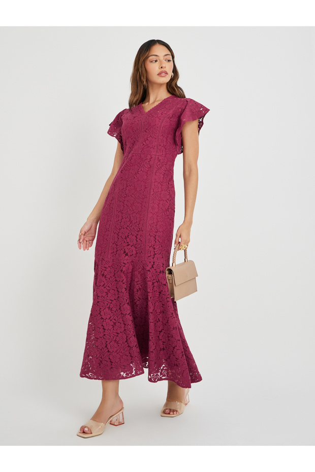 Lace Frill Sleeves Mermaid Maxi Dress