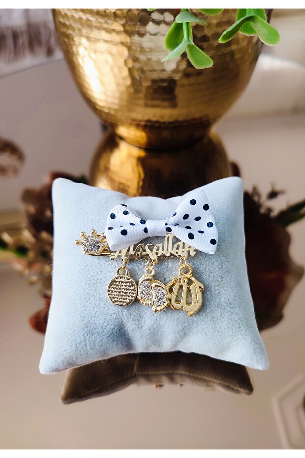 White Polka Dot Bow Mashallah Written Baby Lapel Pin - Tybezyi1737