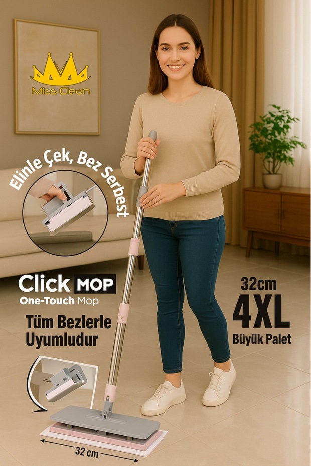 MissClean Tüm Bezlere Uyumlu Click Mop 4xl Islak Mendillere Uyumlu Kendinden Sıkıştırmalı Mop Paspas