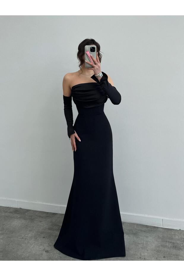 Satin Buttoned Attached Sleeve Draped Strapless Neckline Long Wedding Party/Prom/Homecoming/Engagement Dress