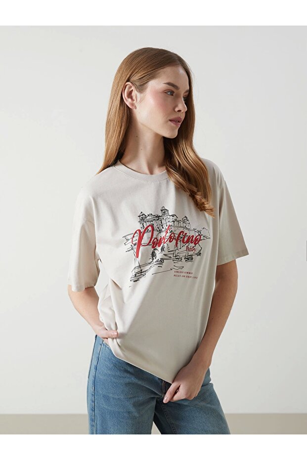 Lcw Vision Gray Crew Neck Printed Oversize Women's T-Shirt