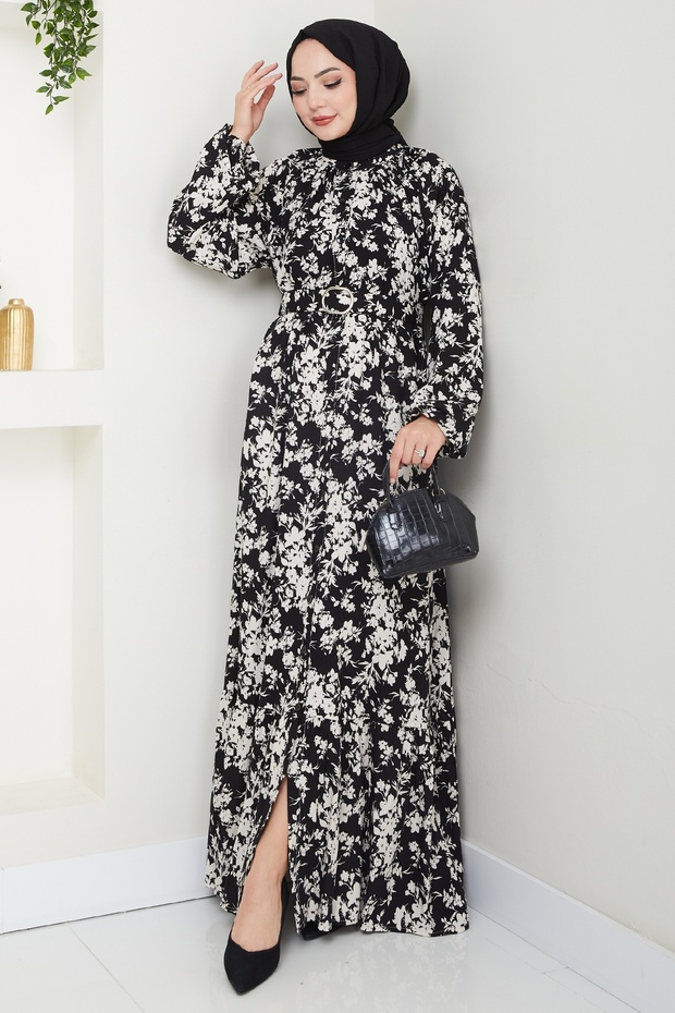 Mirana Flower Pattern Black Viscose Dress