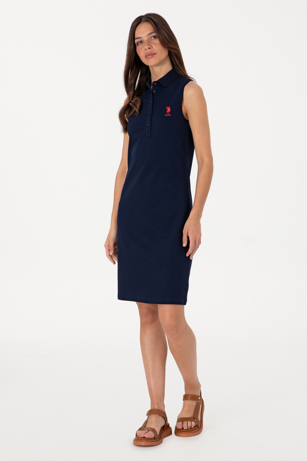 Women's Navy Blue Sleeveless Polo Neck Mini Length Knitted Dress 50305831-Vr033