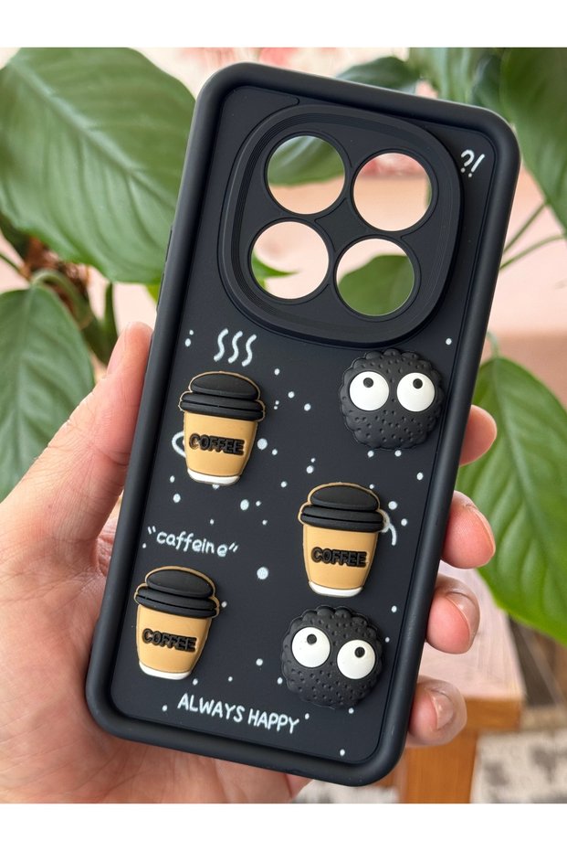 Redmi 14C Case with Camera Protection, Black Soft Silicone Cover with Coffee Cookie Figure