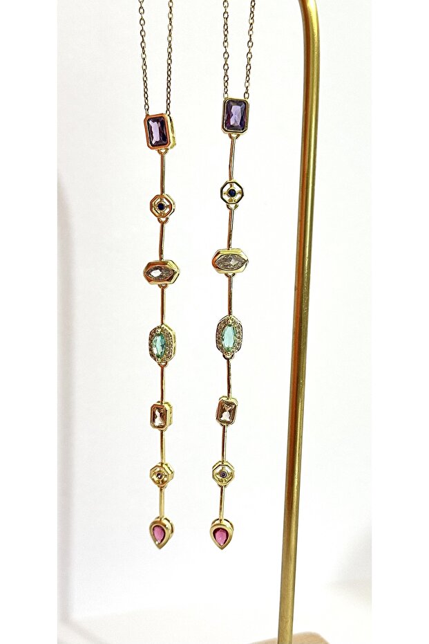 Colorful Stone Y Model Necklace Gold-Long