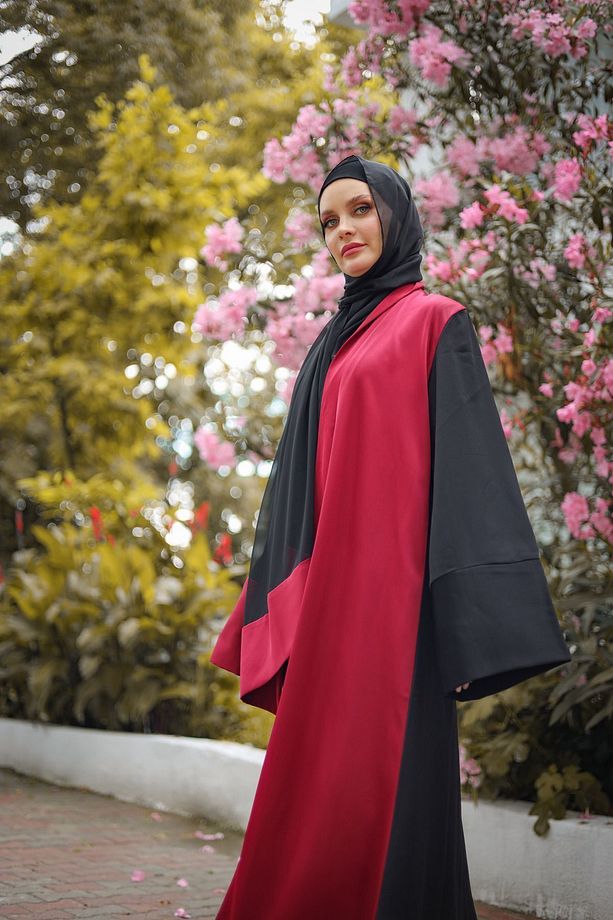 Siyah Bordo Renklerinden Ferace Abaya ( Ürün Tek Parça Olarak Satılmaktadır = Sadece Ferace) - 5