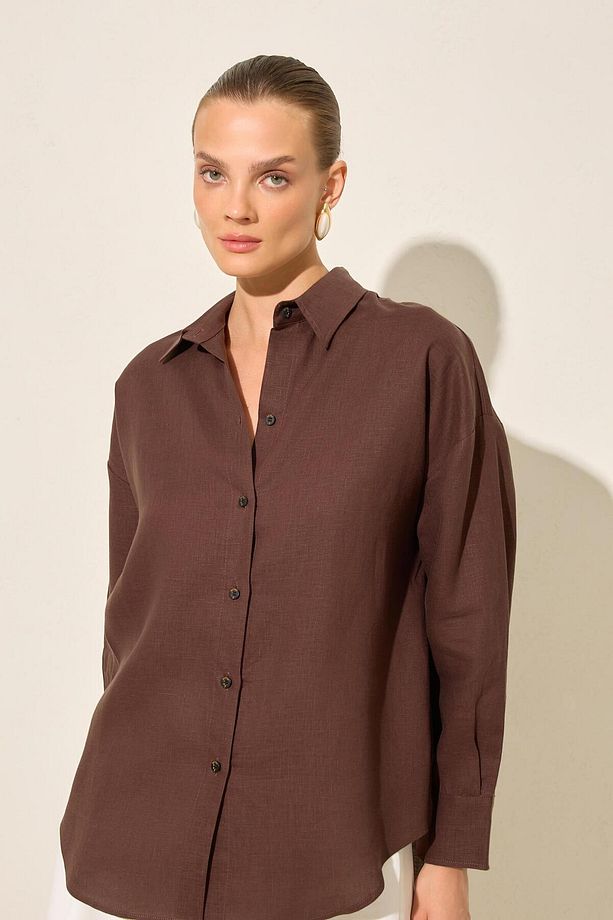 Acı-Kahve %100 Keten Uzun Kollu Oversize Gömlek - 1