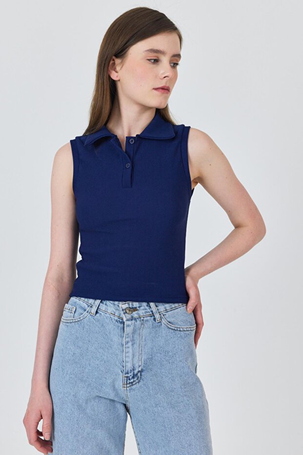 Laci Buttoned Polo Neck Zero Sleeve Knitted Blouse 2219 - 2