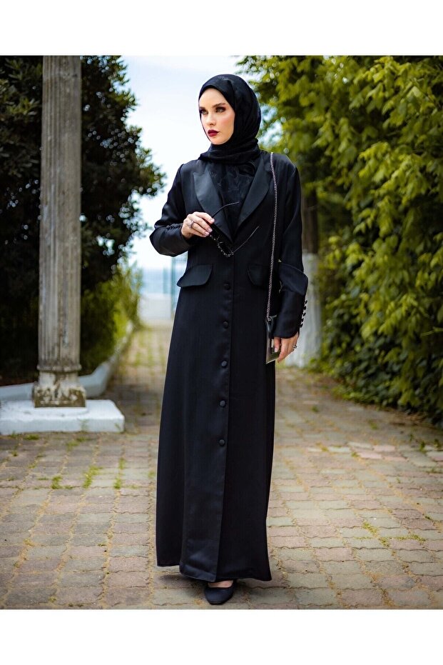 Black Long Silk Coat Suit - Jacket, Dress, Belt and Shawl Set