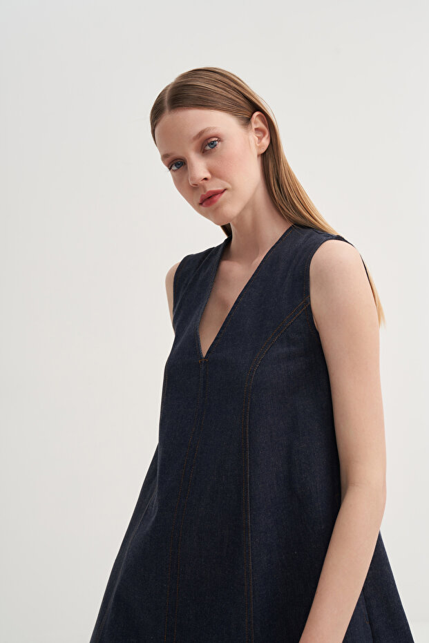 Kontrast Dikişli Denim Elbise - 5