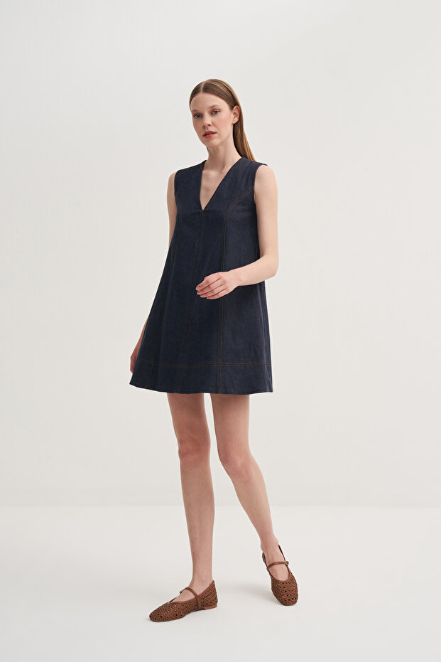 Kontrast Dikişli Denim Elbise - 2