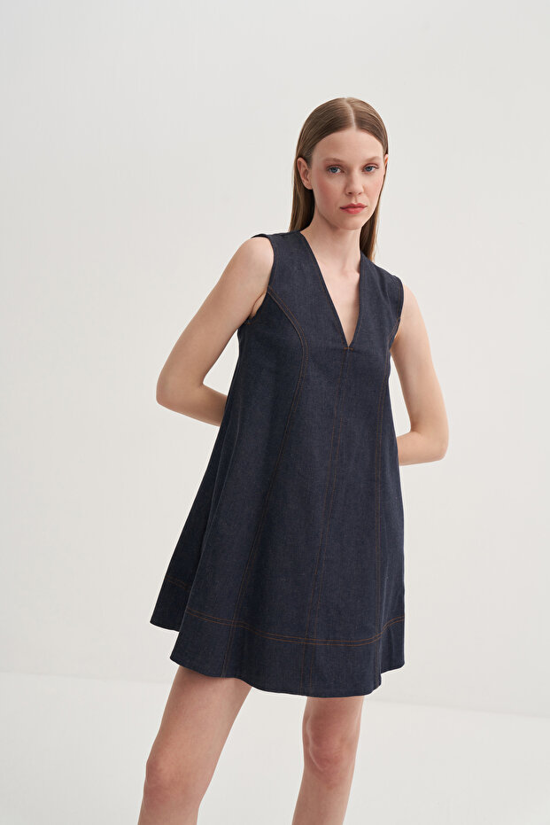 Kontrast Dikişli Denim Elbise - 4