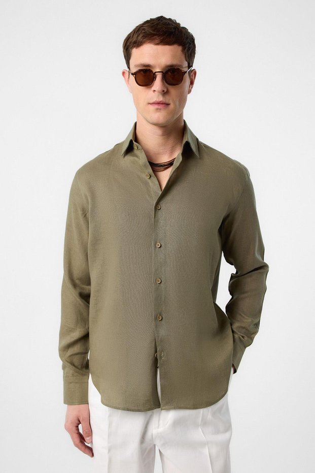 Khaki 100% Linen Comfort Fit Men's Shirt