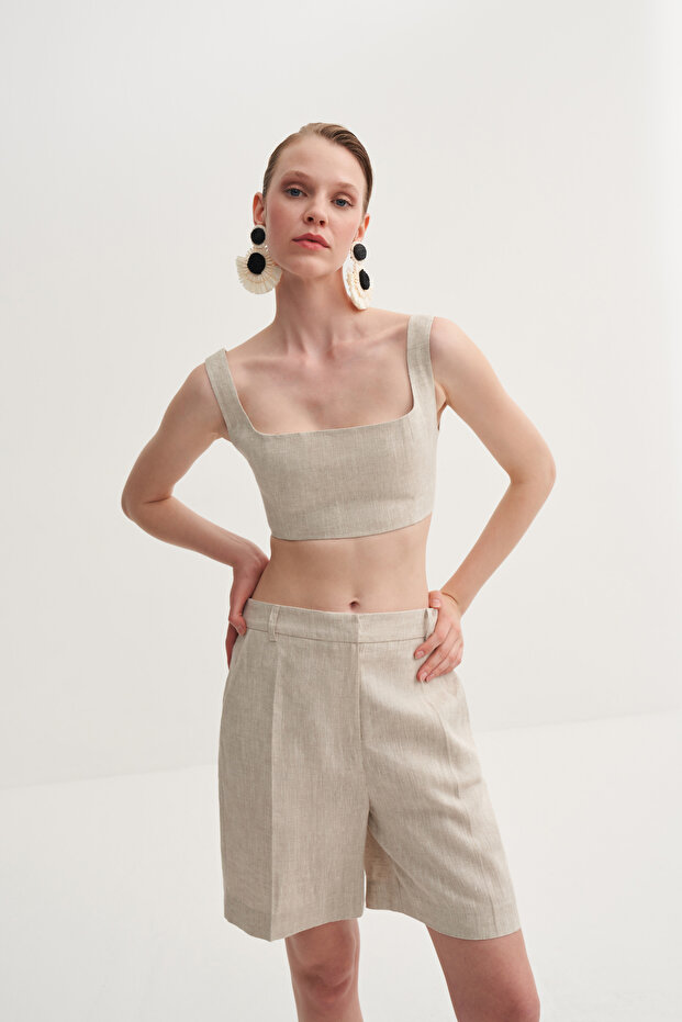 Ütü Çizgili Keten Bermuda - 3