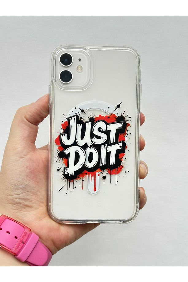 Iphone 11-JUST DO IT DESENLİ Şeffaf Magsafe Wireless Kablosuz Şarj Destekli V-mags Kılıf - 2