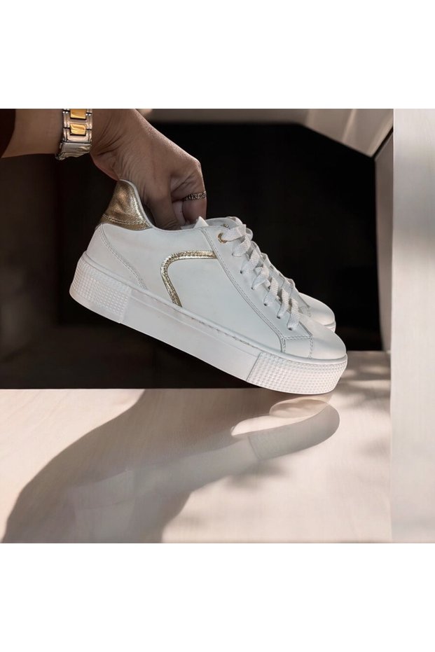 White Leather Gold Detailed Casual Lace-Up Sneakers