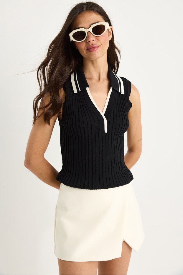 Women's Black Ecru Polo Collar Ribbed Thick Strap Summer Knitwear Blouse 20258017