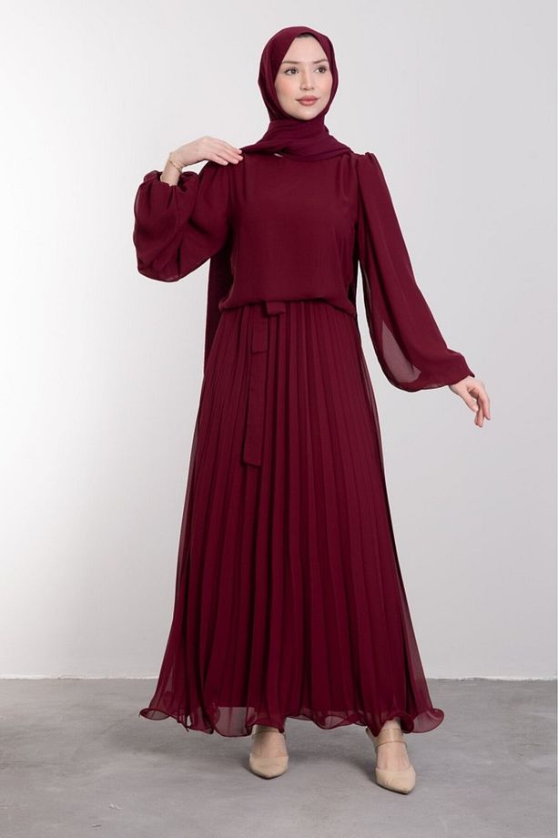 Şifon Minimalist Piliseli Tesettür Elbise Bordo - 3