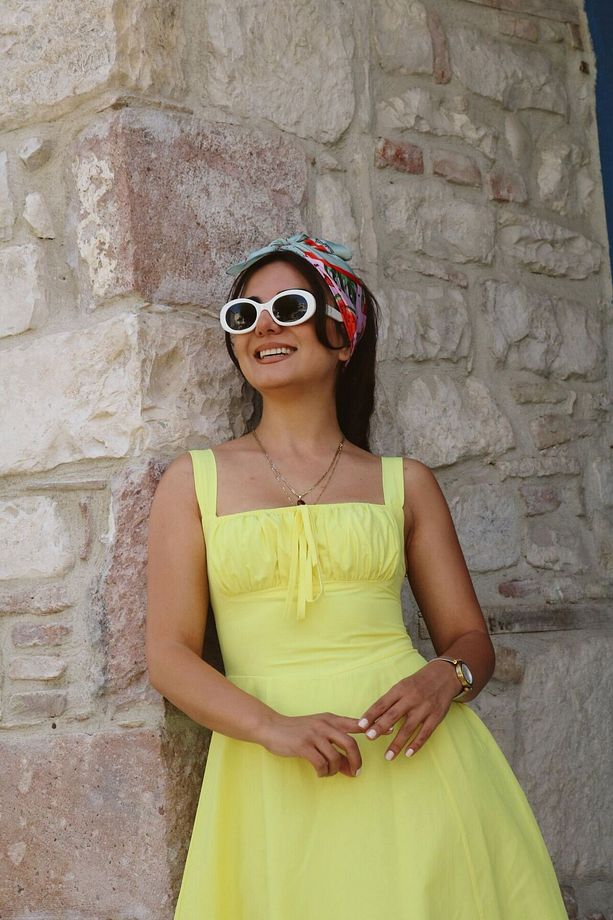 Bağcıklı Midi Elbise Sarı - 2