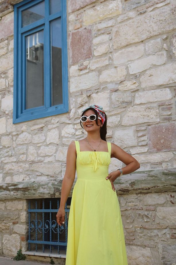Bağcıklı Midi Elbise Sarı - 3
